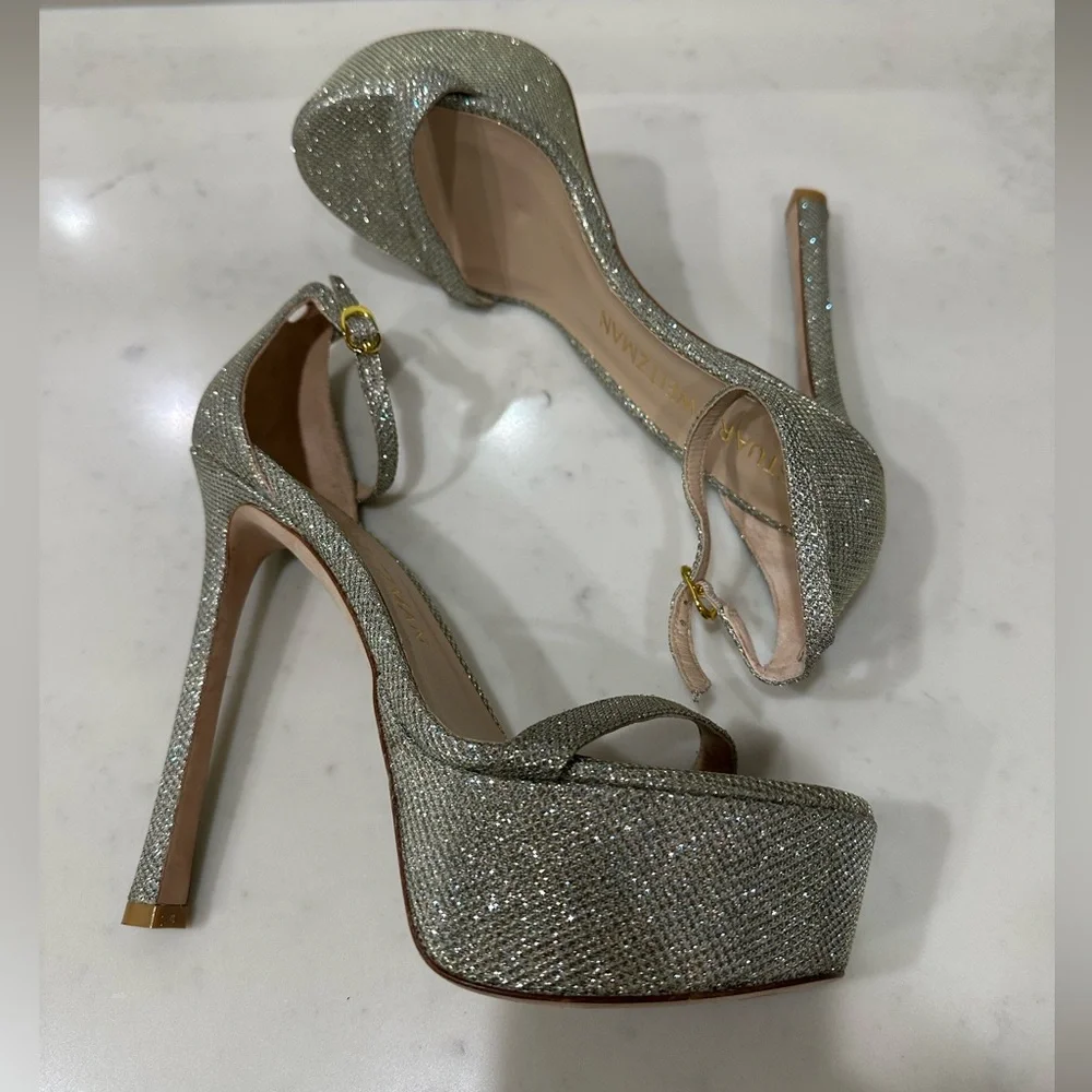 Stuart Weitzman Nudist Hollywood Platform Heel Silver Size 9.5 NWT Luxe Stiletto
